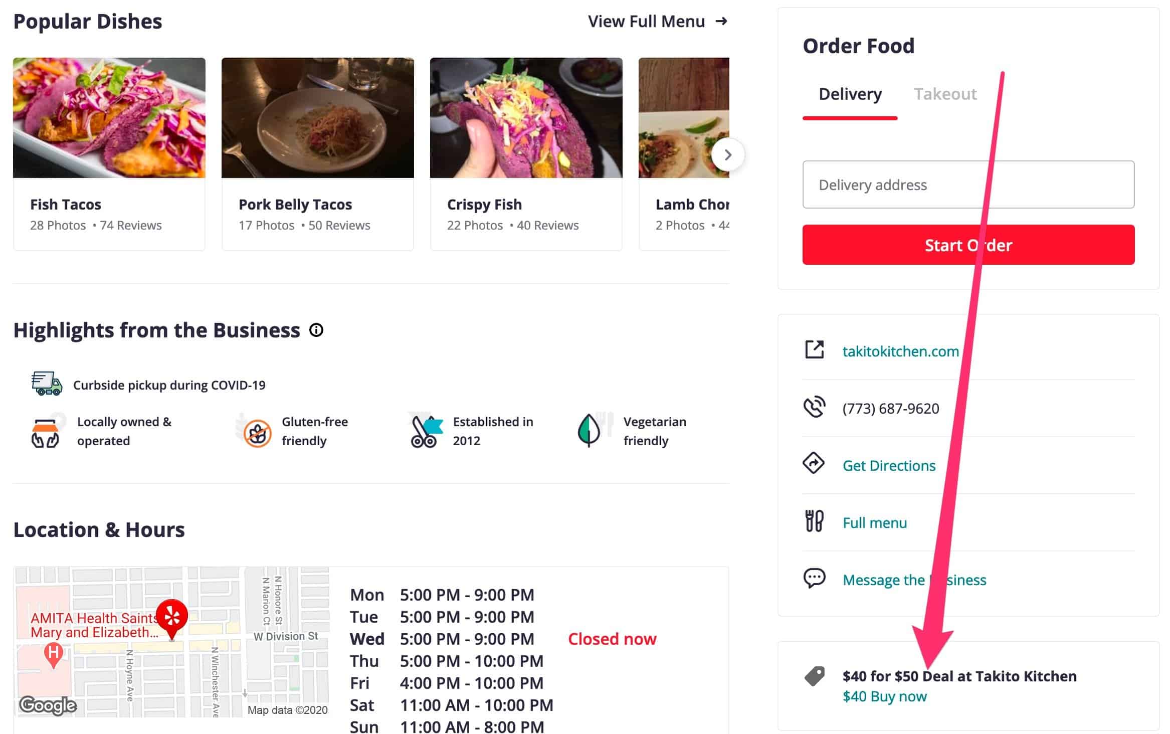 a screenshot of a deals widget on a yelp listing