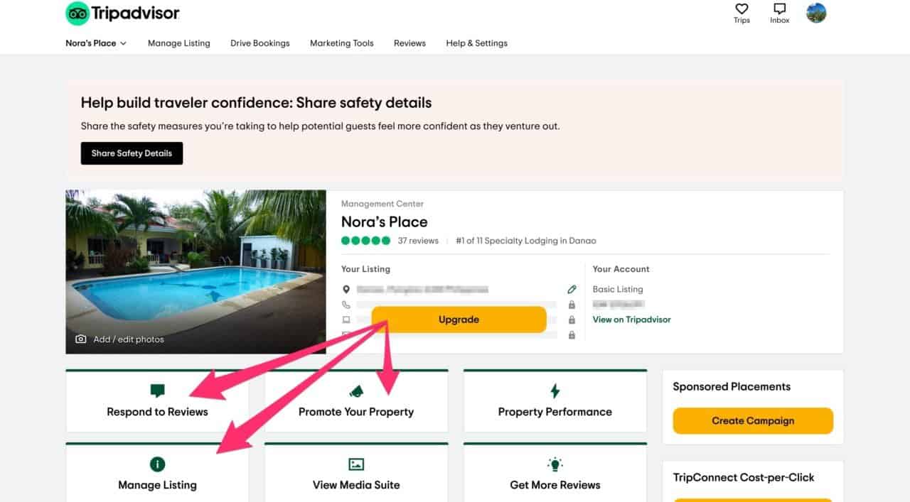 a screenshot of various tools in tripadvisor's management center