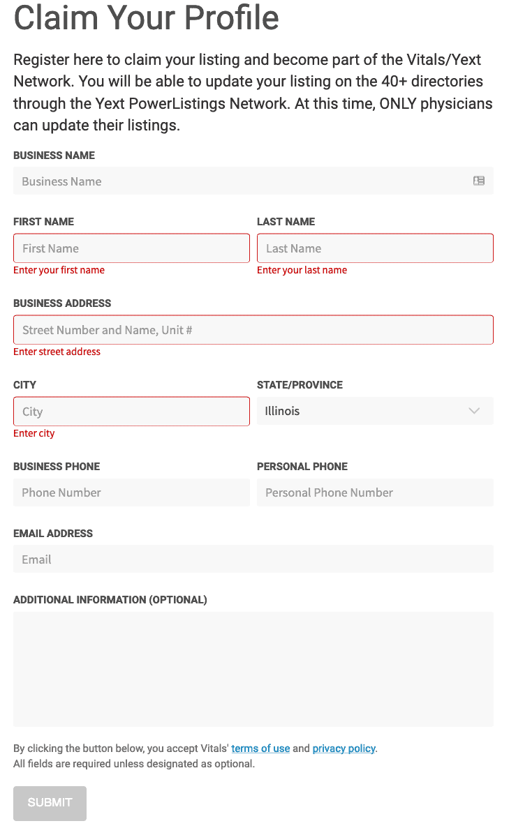 a screenshot of the claim profile page on vitals which is needed to monitor your vitals reviews